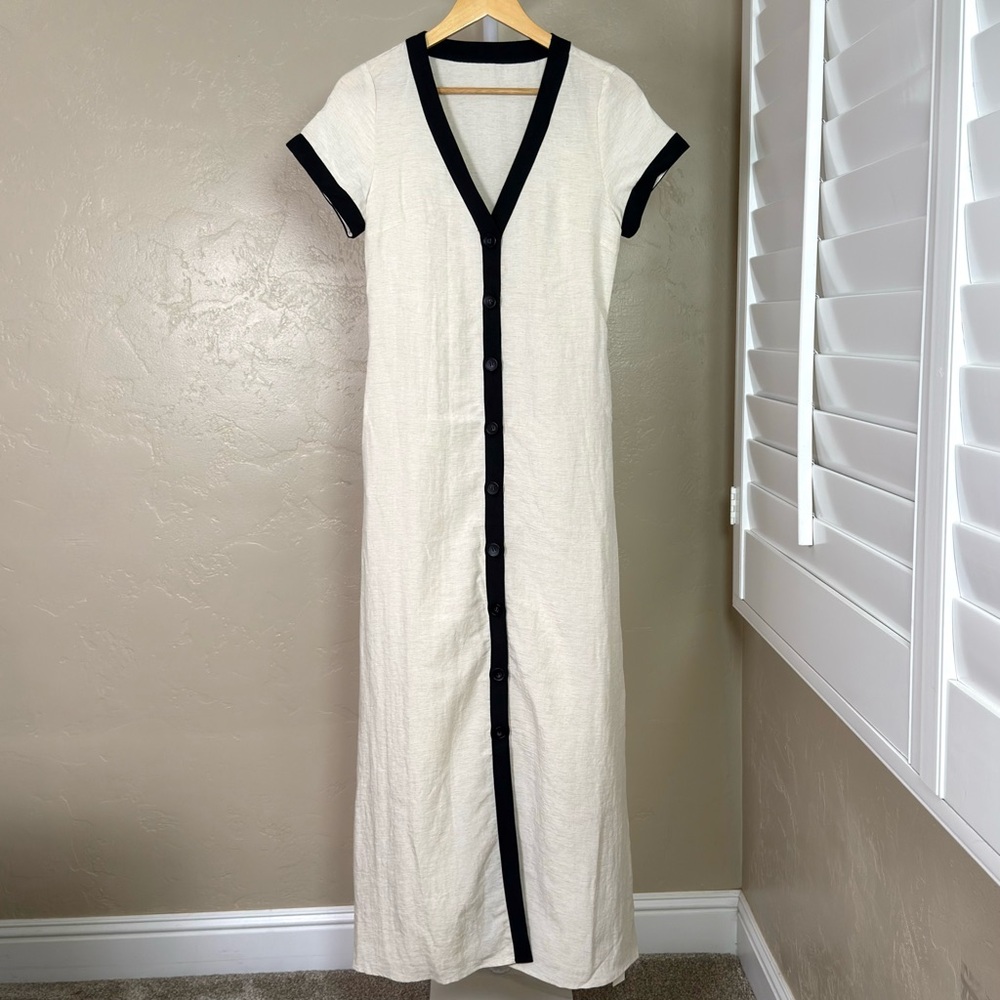 Commense Apricot Black Contrast Trim Button Front Maxi Dress XS NWT Beige - Picture 4 of 11